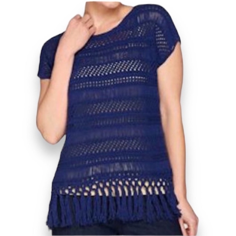 C. Wonder Boho Blue Crochet Open Knit Fringed Hem Tunic Top Size 1X EUC